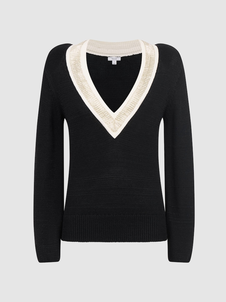 Reiss Black/Cream Courtney Contrast Trim Embellished V-Neck Jumper - Image 2 of 5