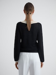 Reiss Black/Cream Courtney Contrast Trim Embellished V-Neck Jumper - Image 5 of 5