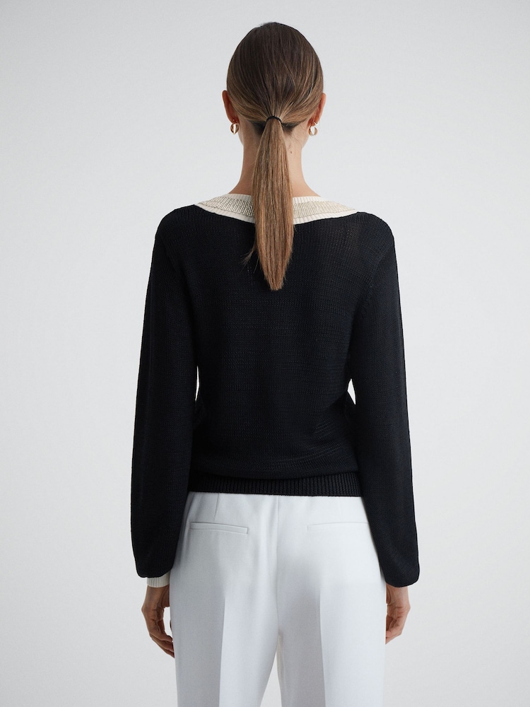 Reiss Black/Cream Courtney Contrast Trim Embellished V-Neck Jumper - Image 5 of 5