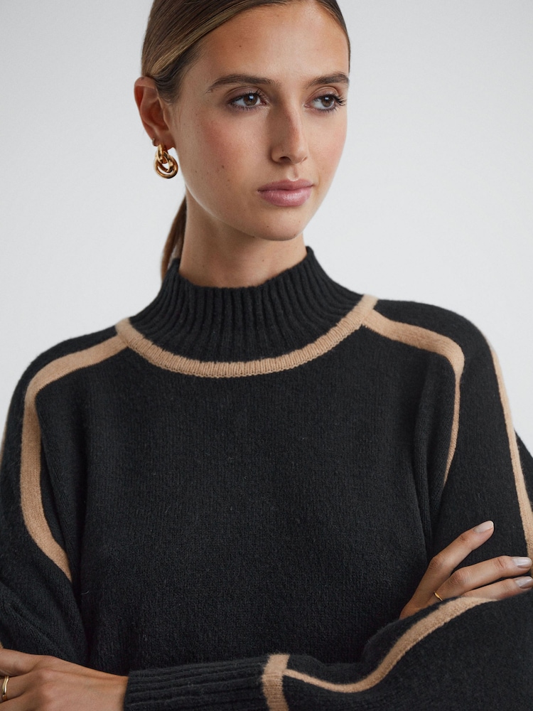 Reiss Black/Camel Geo Casual Wool Contrast Funnel Neck Jumper - Image 1 of 5