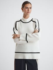 Reiss Ivory/Black Geo Casual Wool Contrast Funnel Neck Jumper - Image 1 of 5
