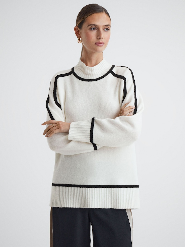 Reiss Ivory/Black Geo Casual Wool Contrast Funnel Neck Jumper - Image 1 of 5