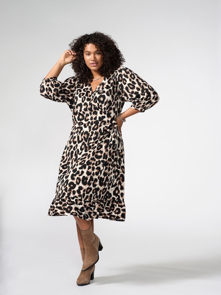 ONLY Curve Brown 3/4 Sleeve Wrap Midi Dress - Image 2 of 6