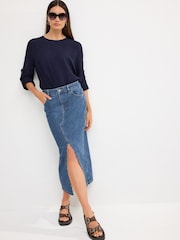 Mid Blue 100% Cotton Split Front Denim Midi Skirt - Image 1 of 5
