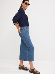 Mid Blue 100% Cotton Split Front Denim Midi Skirt - Image 2 of 5
