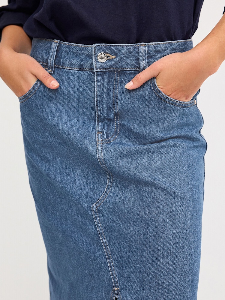 Mid Blue 100% Cotton Split Front Denim Midi Skirt - Image 5 of 5
