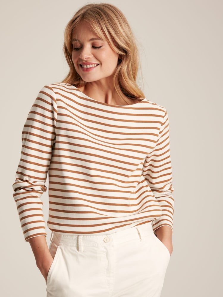 Joules New Harbour Cream & Tan Striped Boat Neck Breton Top - Image 1 of 6 Joules New Harbour Cream & Tan Striped Boat Neck Breton Top - Image 1 of 6