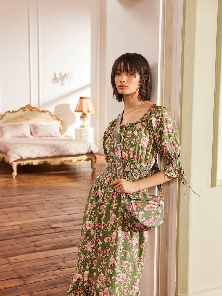 Cath Kidston Green 100% Cotton Shirred Waist Dress - Image 1 of 11