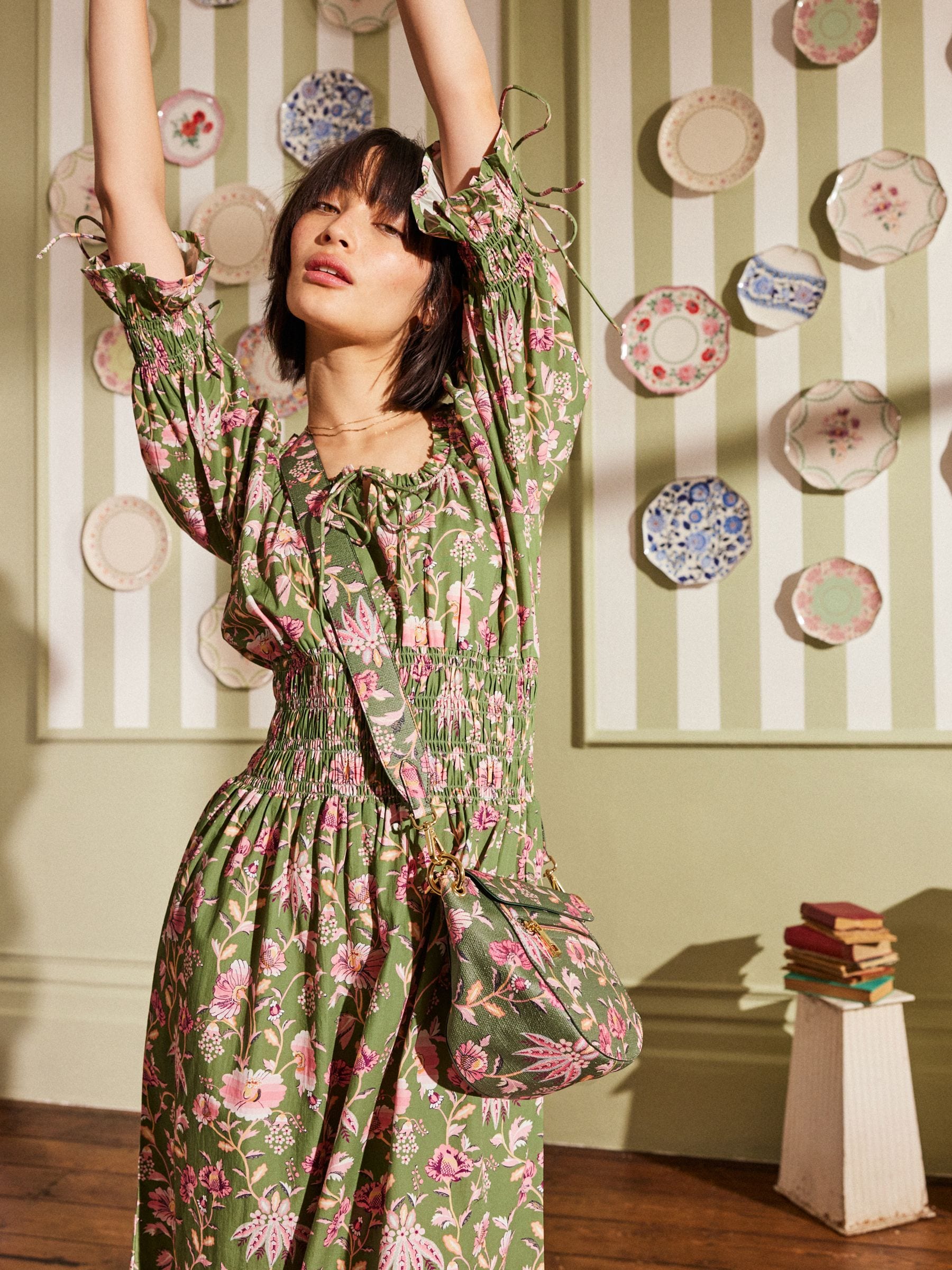 Cath Kidston Green 100 Cotton Shirred Waist Dress