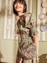 Cath Kidston Green 100% Cotton Shirred Waist Dress - Image 4 of 11