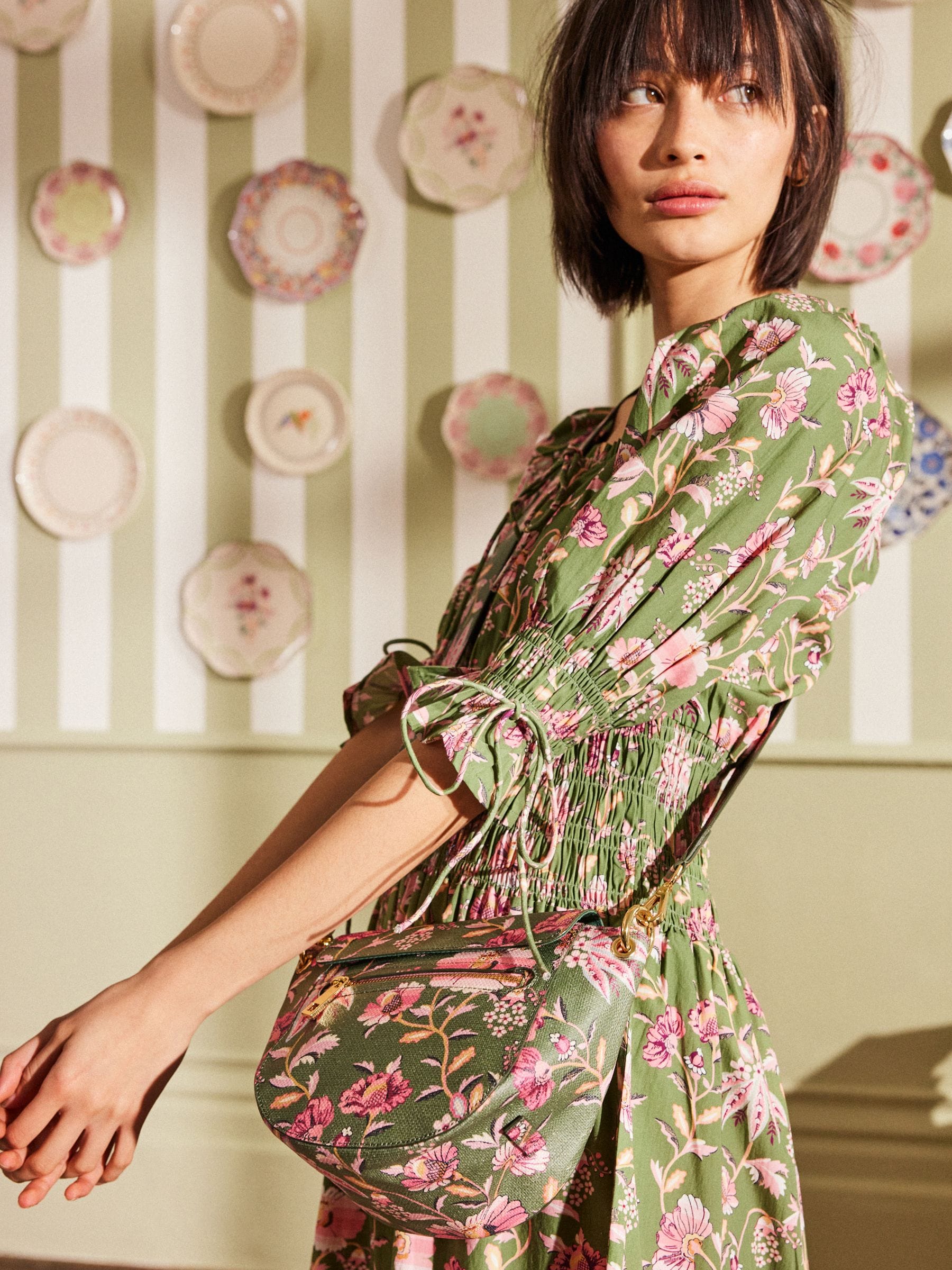 Cath Kidston Green 100 Cotton Shirred Waist Dress