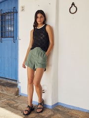Khaki Green 100% Cotton Cargo Utility Lightweight Denim Shorts - Image 2 of 4