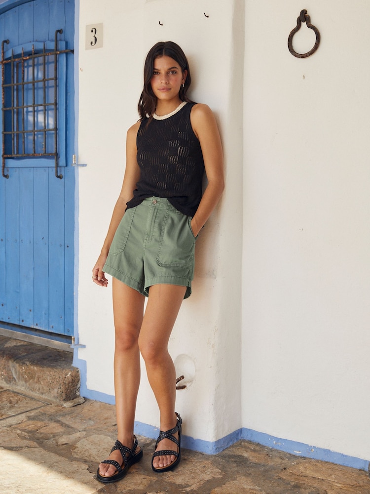 Khaki Green 100% Cotton Cargo Utility Lightweight Denim Shorts - Image 2 of 4