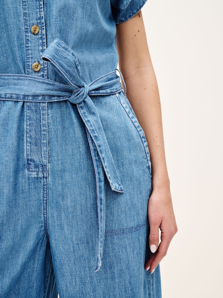 Mid Blue Lightweight Denim Wide Leg Belted Jumpsuit - Image 4 of 4 Mid Blue Lightweight Denim Wide Leg Belted Jumpsuit - Image 4 of 4