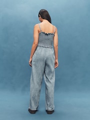 Bleach Denim Cotton Rich Shirred Wide Leg Jumpsuit - Image 3 of 4