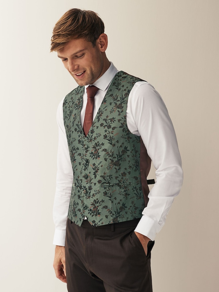 Forest Green Floral Regular Fit Occasion Waistcoat - Image 1 of 12