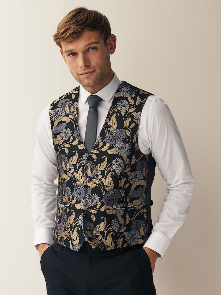 Black/Yellow Gold Floral Regular Fit Occasion Waistcoat - Image 1 of 11
