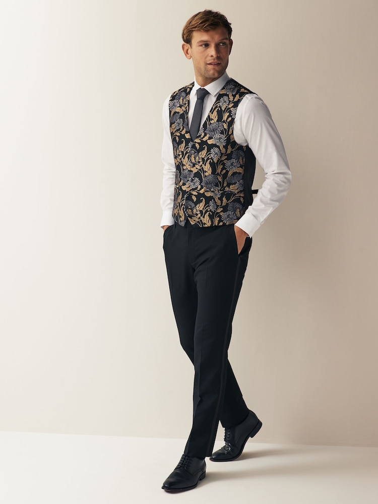 Black/Yellow Gold Floral Regular Fit Occasion Waistcoat - Image 2 of 11
