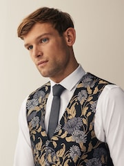 Black/Yellow Gold Floral Regular Fit Occasion Waistcoat - Image 5 of 11
