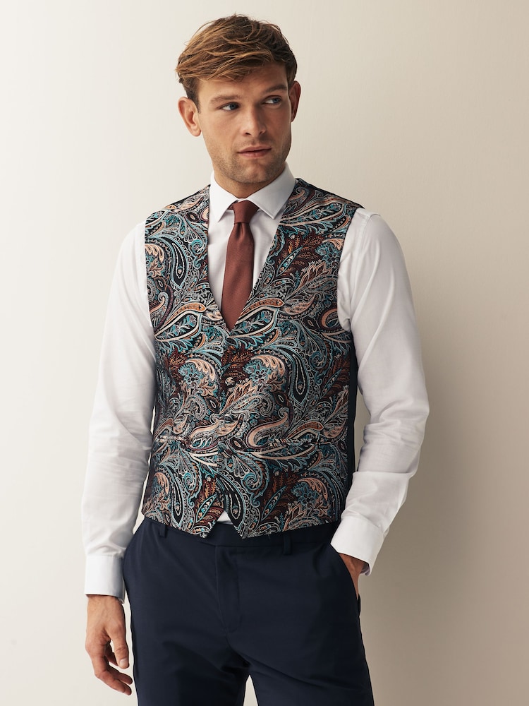 Multi Coloured Burgundy Red Paisley Regular Fit Occasion Waistcoat - Image 1 of 11