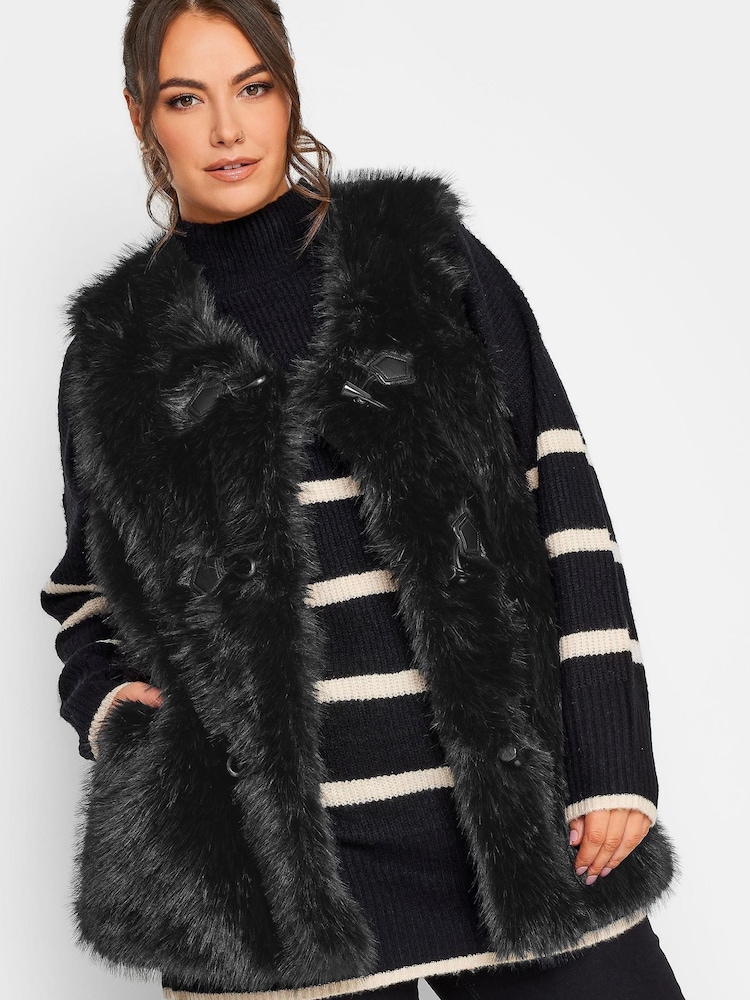 Yours Curve Black Plush Faux Fur Gilet With Toggles - Image 1 of 4