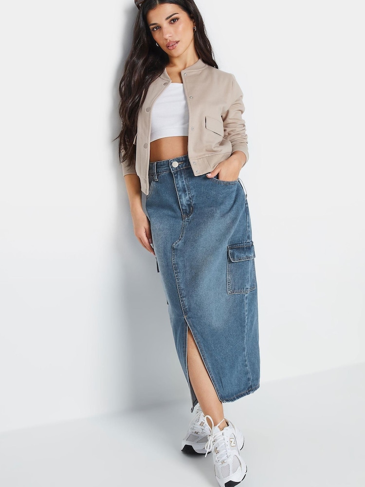 PixieGirl Petite Blue Denim Utility Midi Skirt - Image 1 of 3 PixieGirl Petite Blue Denim Utility Midi Skirt - Image 1 of 3