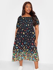 Yours Curve Black Limited Shirred Square Neck Border Dress - Image 1 of 5
