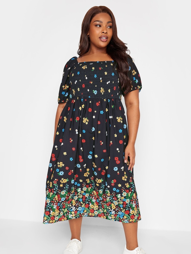 Yours Curve Black Limited Shirred Square Neck Border Dress - Image 1 of 5
