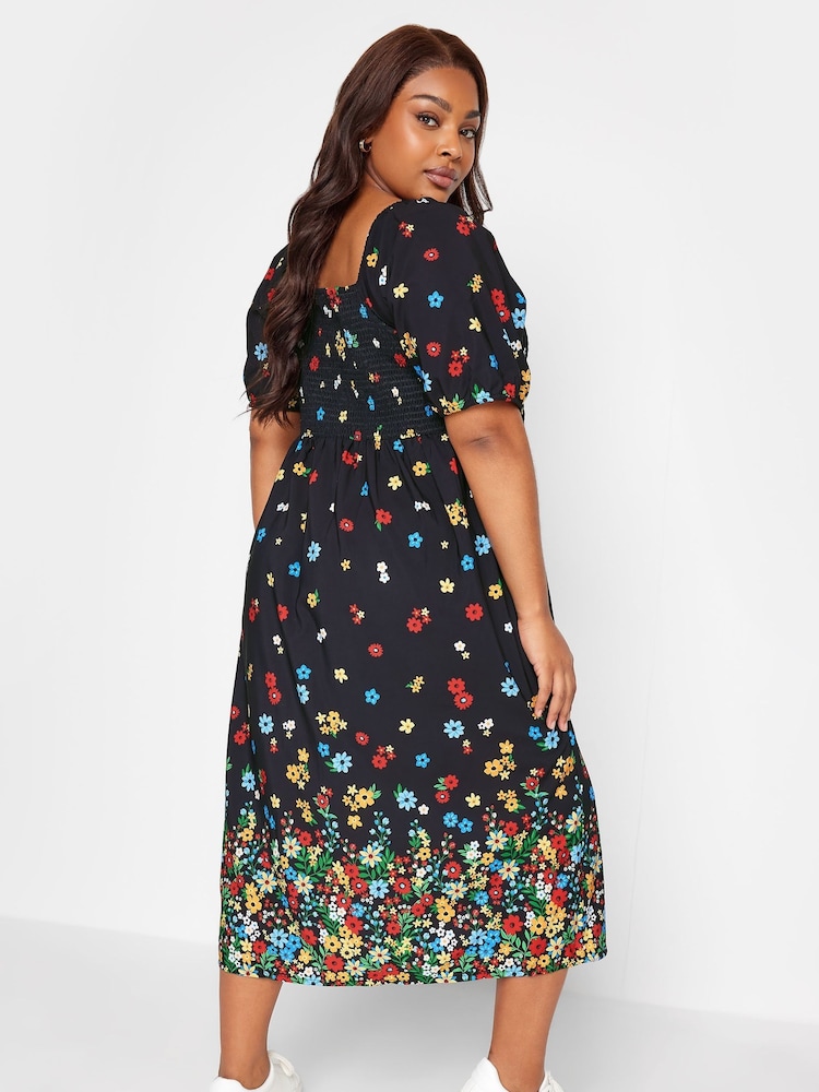 Yours Curve Black Limited Shirred Square Neck Border Dress - Image 2 of 5
