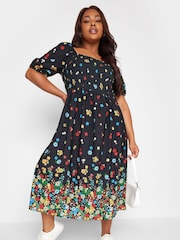 Yours Curve Black Limited Shirred Square Neck Border Dress - Image 3 of 5