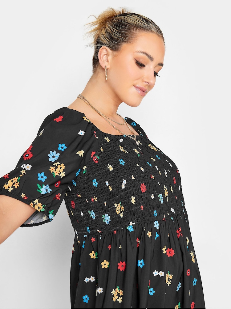 Yours Curve Black Limited Shirred Square Neck Border Dress - Image 5 of 5