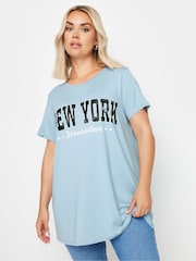 Yours Curve Blue 'New York' Slogan T-Shirt - Image 1 of 5