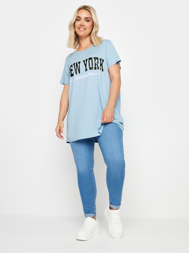 Yours Curve Blue 'New York' Slogan T-Shirt - Image 2 of 5