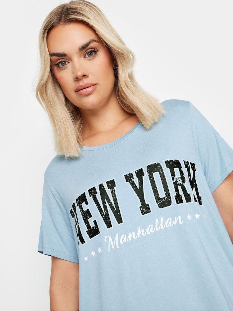 Yours Curve Blue 'New York' Slogan T-Shirt - Image 4 of 5