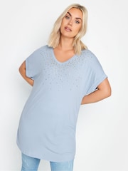 Yours Curve Blue Sequin And Glitter Printed V-Neck T-Shirt - Image 1 of 4
