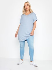 Yours Curve Blue Sequin And Glitter Printed V-Neck T-Shirt - Image 2 of 4