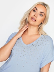 Yours Curve Blue Sequin And Glitter Printed V-Neck T-Shirt - Image 4 of 4