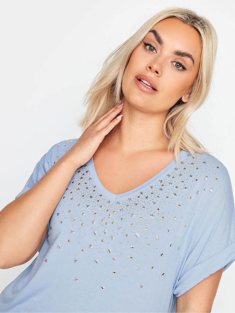 Yours Curve Blue Sequin And Glitter Printed V-Neck T-Shirt - Image 4 of 4