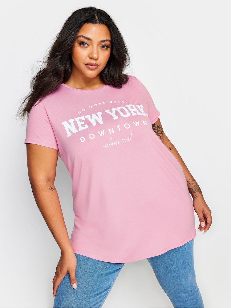 Yours Curve Pink 'New York' Slogan T-Shirt - Image 1 of 5