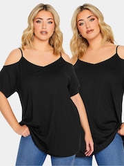 Yours Curve Black 2 Pack Strappy Cold Shoulder Tops - Image 1 of 5