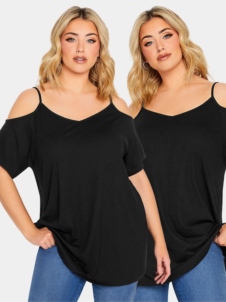 Yours Curve Black 2 Pack Strappy Cold Shoulder Tops - Image 1 of 5