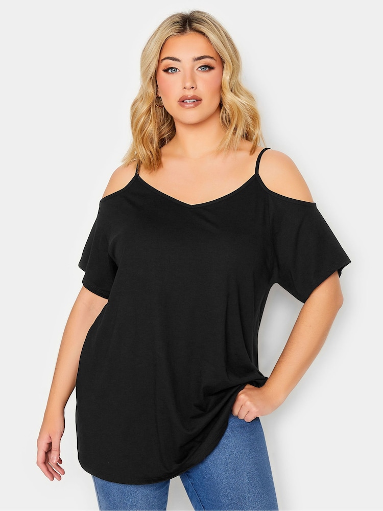 Yours Curve Black 2 Pack Strappy Cold Shoulder Tops - Image 2 of 5