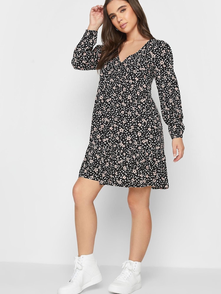 PixieGirl Petite Black Long Sleeve Ditsy Smock Dress - Image 1 of 4