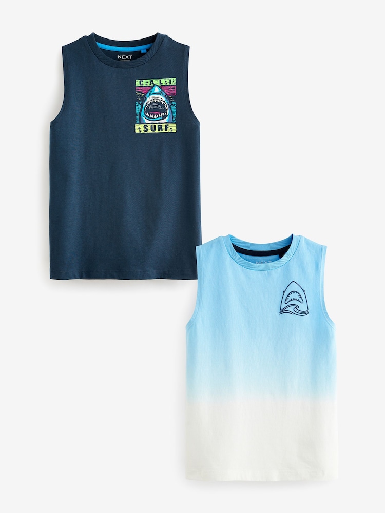 Blue Shark 100% Cotton Graphic Tank Vest Tops 2 Pack (3-16yrs) - Image 1 of 3