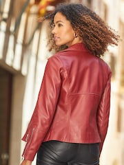 Sosandar Dark Red Leather Biker Jacket - Image 2 of 5