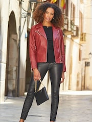 Sosandar Dark Red Leather Biker Jacket - Image 3 of 5