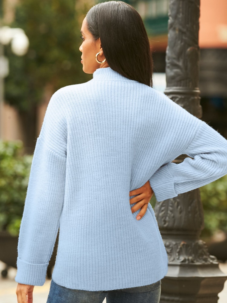 Sosandar Light Blue High Neck Folded Button Cuff Jumper - Image 2 of 2