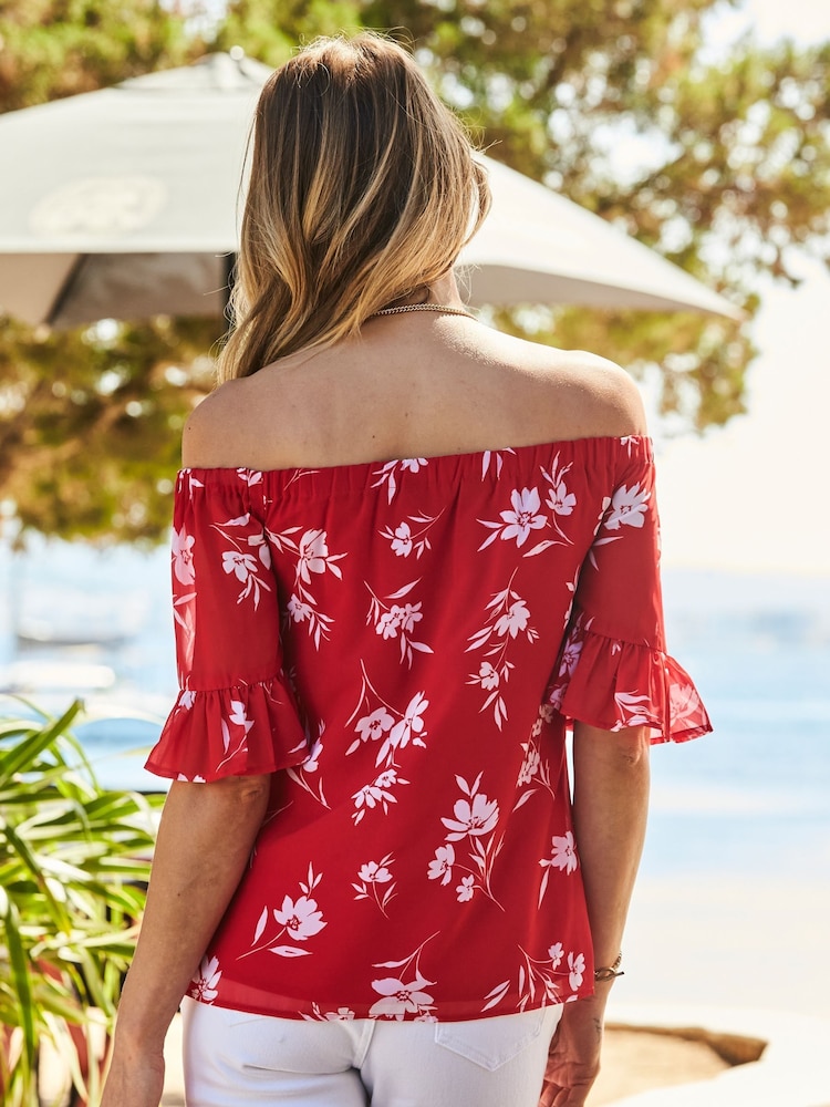 Sosandar Red Printed Bardot Blouse - Image 2 of 5