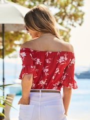 Sosandar Red Printed Bardot Blouse - Image 4 of 5