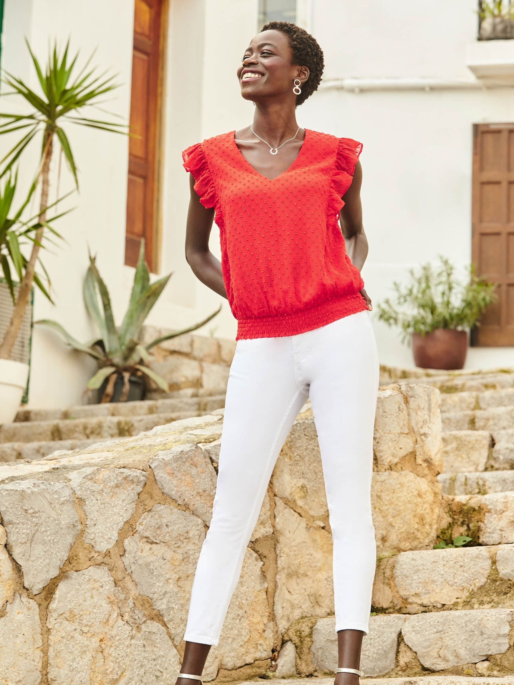 専用　　sheller stitch hem frill tops red sheller stitch hem frill tops red